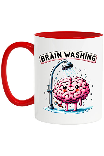 StoryGift Romania Cana cu mesajul "Brain washing", ilustratie, creier care sta sub un dus, spalare, Cu Maner Rosu