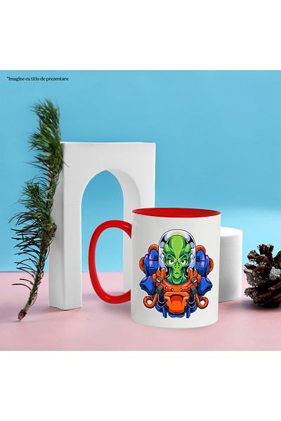 StoryGift Romania Cana Cu Extraterestru, Costum, Spatiu, SF, Tehnologie, Multicolor 330 ml, Cerami, Cu Maner Rosu