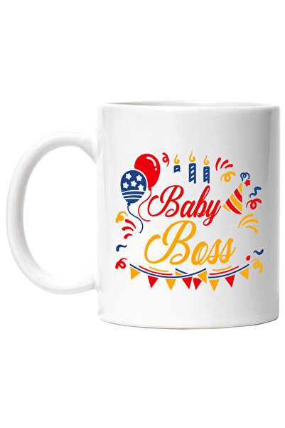 StoryGift Romania Cana cu baloane, lumanari si textul "Baby boss" - sef bebelus aniversare copilar, Cu Maner Alb