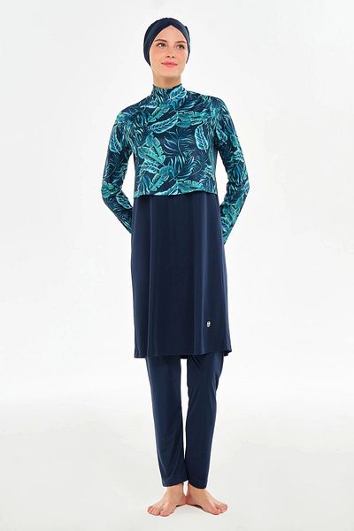 buHillco Rozamay Mary Long Sleeve Navy Blue Patterned Women's Hijab Swimsuit