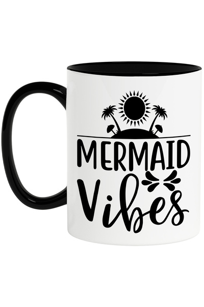 StoryGift Romania Cana cu ilustratie afisand o insula si textul "Mermaid vibes" - sirena tropical , Cu Maner Negru