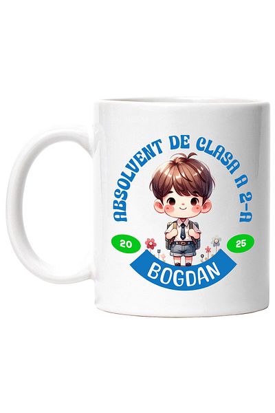 StoryGift Romania Cana cu Baiat Scolar Cu Breton Si Rucsac Text Absolvent De Clasa A 2 a Bogdan Ed, Cu Maner Alb