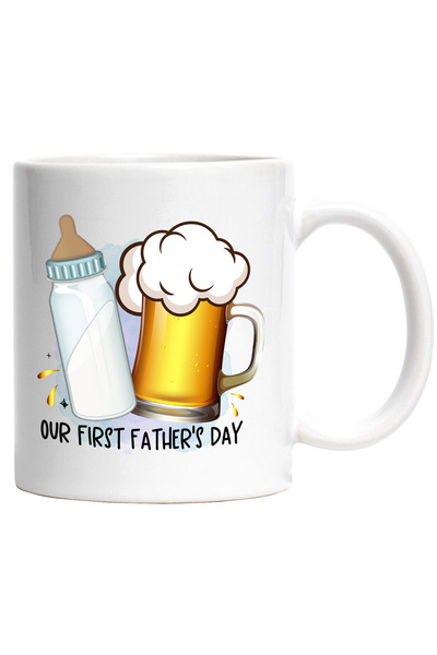 StoryGift Romania Cana cu biberon si halba cu bere cu mesajul "Our first father's day", tata, ilus, Cu Maner Alb