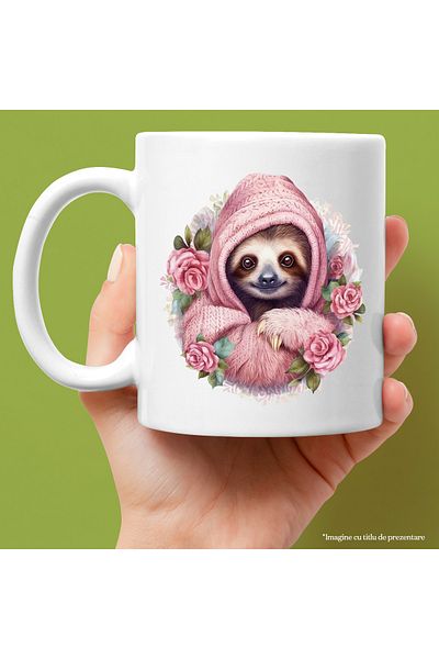 StoryGift Romania Cana cu animalul Sloth/lenes | ilustratie | imbracat gros | frig | floricele | r, Cu Maner Alb