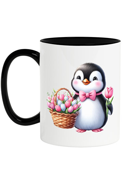 StoryGift Romania Cana cu un pinguin vesel care tine un cosulet cu lalele, il...