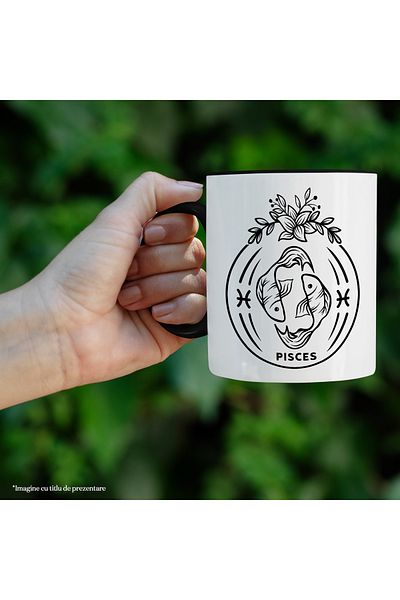 StoryGift Romania Mug with the zodiac sign Pisces, illustration, zodiac sign, astrology, symbol, sign, plants, water with, With, STG