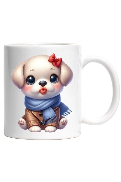 StoryGift Romania Cana cu un catelus care da un pupic | ilustratie | fular | imbracat gros | frig , Cu Maner Alb