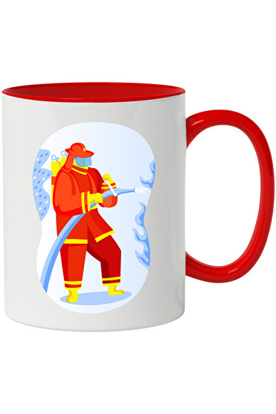 StoryGift Romania Cana Cu Pompier, Furtun, Costum, Multicolor 330 ml, Ceramica cu Maner Rosu, Cu Maner Rosu