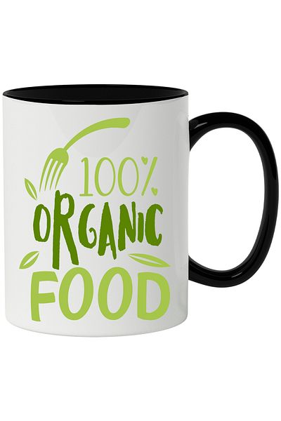 StoryGift Romania Cana Cu Mesaj In Engleza 100% Organic Food, Frunze, Furculita, Mancare, Multicol, Cu Maner Negru