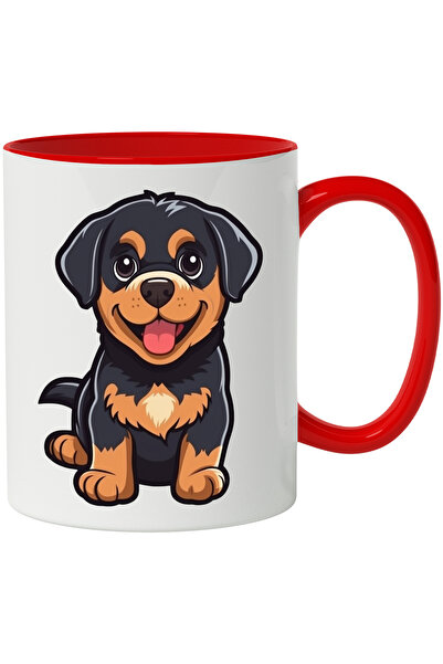 StoryGift Romania Cana Cu Catel, Pui, Iubitori De Desene Animate, Rottweiler, Multicolor 330 ml, C, Cu Maner Rosu