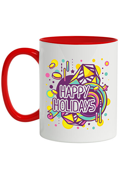 StoryGift Romania Cana Cu Mesaj In Engleza Happy Holidays, Vacanta, Abstract, geometric, Multicolo, Cu Maner Rosu
