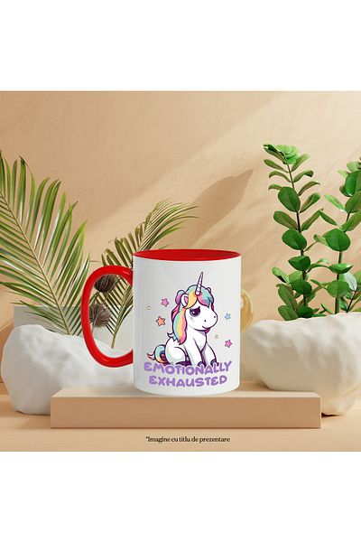 StoryGift Romania Mug with a sad unicorn | illustration | message "Emotionally exhausted" | illus, With ,STG .