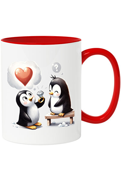 StoryGift Romania Cana cu 2 pinguini veseli | ilustratie | inel din aur cu diamant | Polul Nord | , Cu Maner Rosu