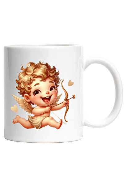 StoryGift Romania Cana cu un bebelus Cupidon care trage cu arcul | ilustratie | inimi | aripi | al, Cu Maner Alb