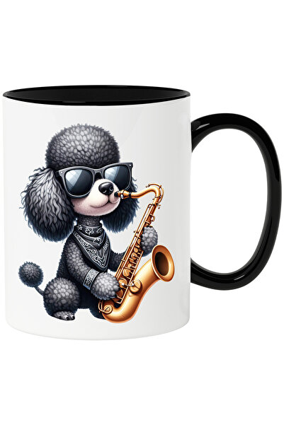 StoryGift Romania Cana cu un catel negru blanos care canta la saxofon | ilust...