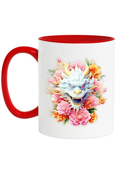 StoryGift Romania Cana cu un dragon chinezesc, ilustratie, floricele, roz, an nou, China, anul dra, Cu Maner Rosu