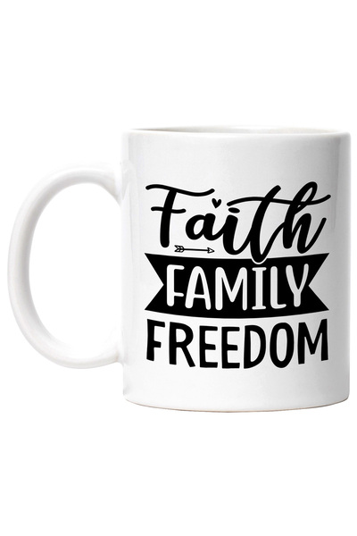 StoryGift Romania Cana cu inimioara si textul in engleza "Faith, family, free...