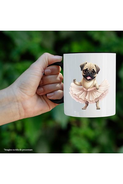 StoryGift Romania Cana cu Pug, danseaza, fusta, caine, animal de companie, ilustratie, balet, lant, Cu Maner Negru