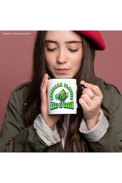 StoryGift Romania Mug with Green Leaf, Globe in Hand, Text Save the Planet, Keep, With, STG