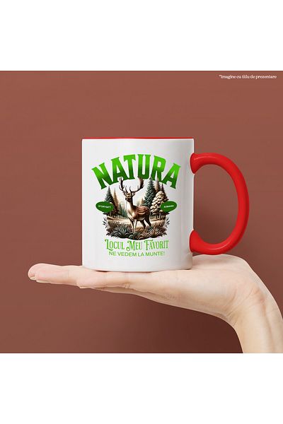 StoryGift Romania Cana cu Ren Cu Coarnr Lungi In Padure Text Natura Locul Meu Preferat Ne Vedem La, Cu Maner Rosu STG