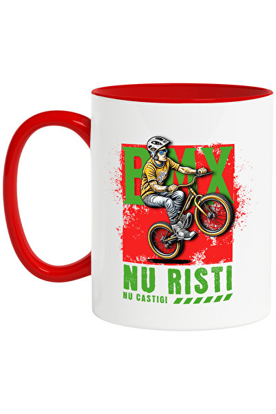 StoryGift Romania Cana Baiat Pe Bicicleta BMX Text Motivational Nu Risti Nu Castigi Sport Copil, Cu Maner Rosu