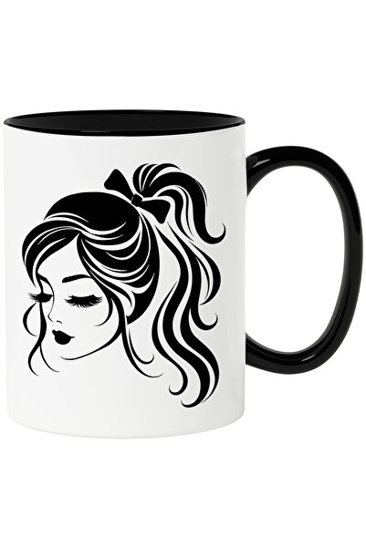 StoryGift Romania Cana cu o fata frumoasa - par lung cu Maner Negru, Cu Maner...