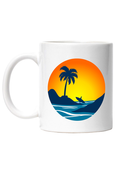 StoryGift Romania Cana Cu Placa De Surf, Apus, Insula, Ocean, Multicolor 330 ml, Ceramica cu Maner, Cu Maner Alb