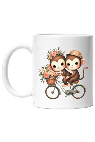 StoryGift Romania Cana cu 2 maimute care se plimba cu bicicleta | ilustratie | cos cu flori | natu, Cu Maner Alb