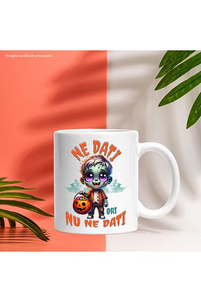 StoryGift Romania Cana ne dati ori nu ne dati H4ALLowen zombie , 330ml, Ceramic cu Maner Alb, Cu Maner Alb