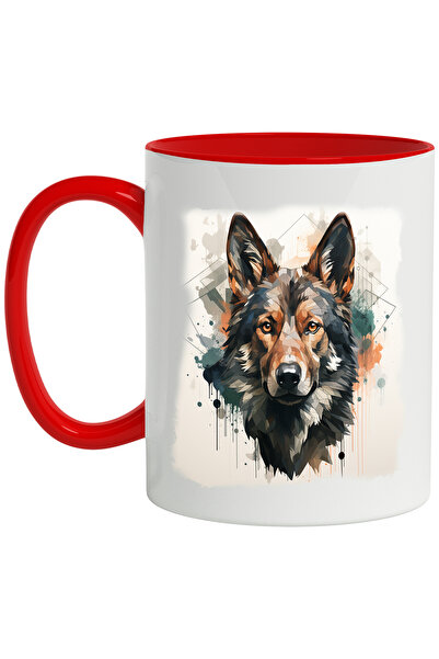 StoryGift Romania Cana Cu Cap De Lup, Animal Salbatic, Geometric, Dungi, Multicolor 330 ml, Cerami, Cu Maner Rosu