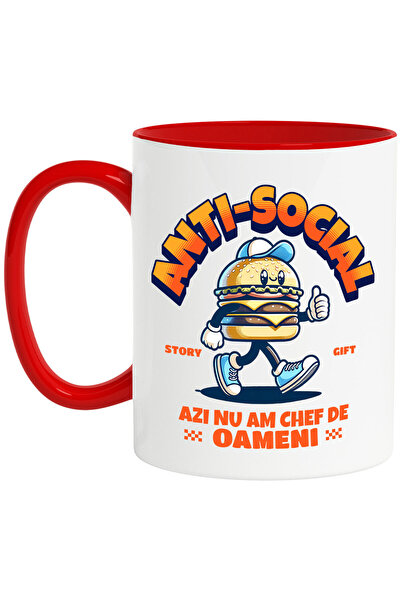 StoryGift Romania Cana cu Hamburger Cu Sapca Si adidasi Albastri Text Anti-social Azi Nu ma Chef D, Cu Maner Rosu