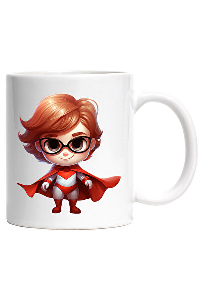 StoryGift Romania Cana cu un baiat cu ochelari in costum de erou | ilustratie | film | desen | inv, Cu Maner Alb