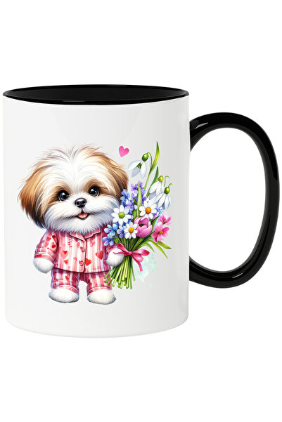 StoryGift Romania Cana cu un catel care tine un buchet cu flori | blanos | ve...