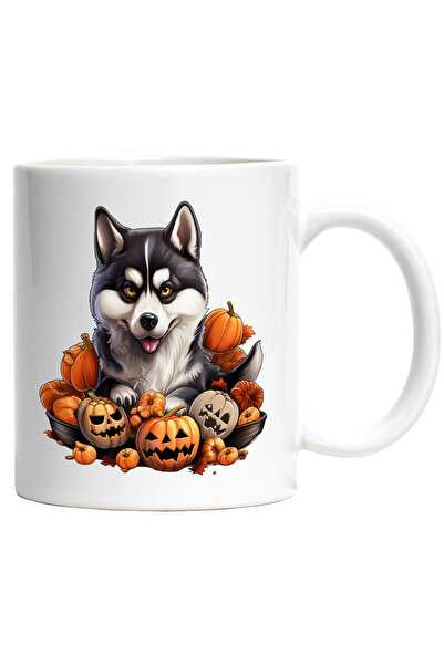 StoryGift Romania Cana cu un catel Malamut de Alaska | ilustratie | dovleci decorati | Halloween |, Cu Maner Alb