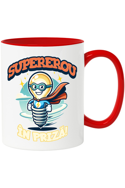 StoryGift Romania Cana Bec Vesel Cu Capa Supererou în priza!, 330ml, Ceramic cu Maner Rosu, Cu Maner Rosu