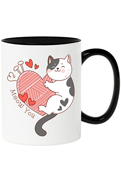 StoryGift Romania Cana cu pisica care se tine de un ghem in forma de inima cu mesajul "Meow you", , Cu Maner Negru