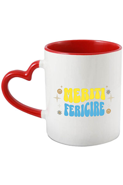 StoryGift Romania Cana Meriti Fericire, 330ml, Ceramica cu Maner Inima Rosie,...