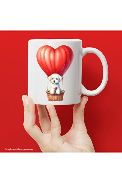 StoryGift Romania Cana cu un catel care zboara cu un balon cu aer cald, ilust...