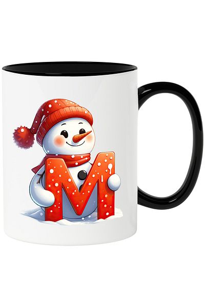 StoryGift Romania Mug with a snowman holding the letter "M" | illustration | hat | scarf | fr, With Black Handle