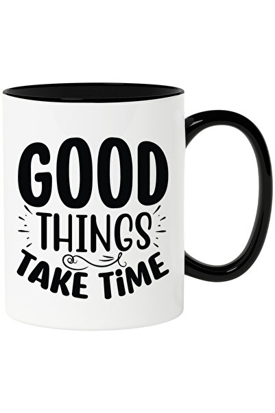 StoryGift Romania Cana cu textul in engleza "Good things take time" - lucrurile bune necesita timp, Cu Maner Negru
