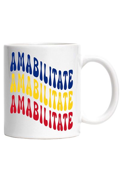 StoryGift Romania Cana Cuvantul Amabilitate, in Culorile Steagului Romaniei, Rosu, Galben, Albastr, Cu Maner Alb