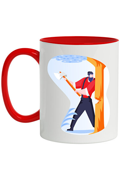 StoryGift Romania Cana Cu Copac, Topor, Taietor De Lemne, Multicolor 330 ml, Ceramica cu Maner Ros, Cu Maner Rosu