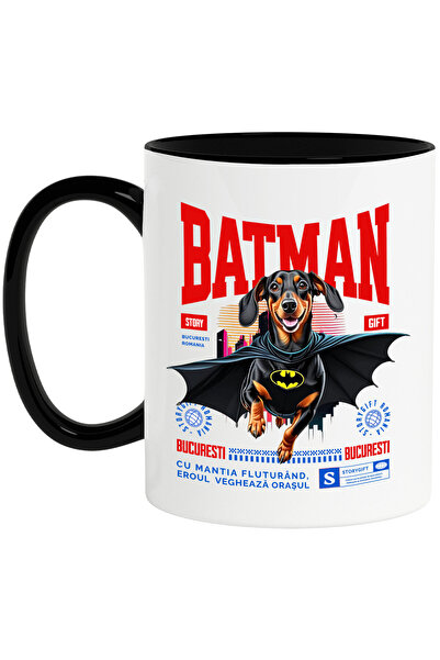 StoryGift Romania Cana cu Teckel / Dachshund Caine In Costum de BatMan cu Pelerina, Erou Nocturn, , Cu Maner Negru