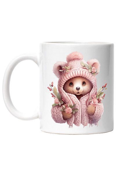 StoryGift Romania Mug with a bear dressed in thick clothes | illustration | flowers | nature | outside | cold | coat, With White Handle