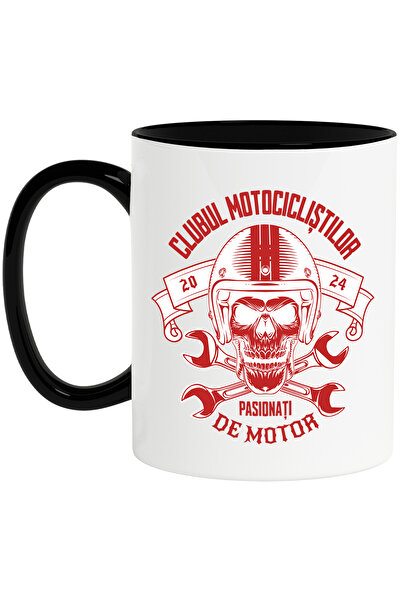 StoryGift Romania Cana clubul motociclistilor pasionati de motor craniu, 330ml, Ceramica cu Maner , Cu Maner Negru