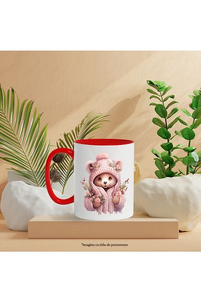 StoryGift Romania Mug with a bear dressed in thick clothes | illustration | flowers | nature | outside | cold | coat, With Red Handle