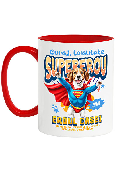 StoryGift Romania Cana cu beagle Caine In Costum de SuperMan cu Pelerina, Erou Nocturn, Desene ani, Cu Maner Rosu