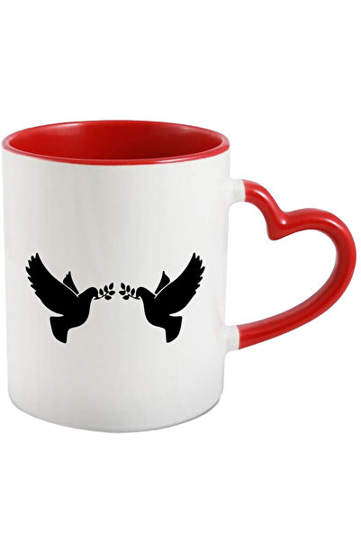 StoryGift Romania Cana cu doi porumbei care tin 2 crengute cu Maner Inima Ros...