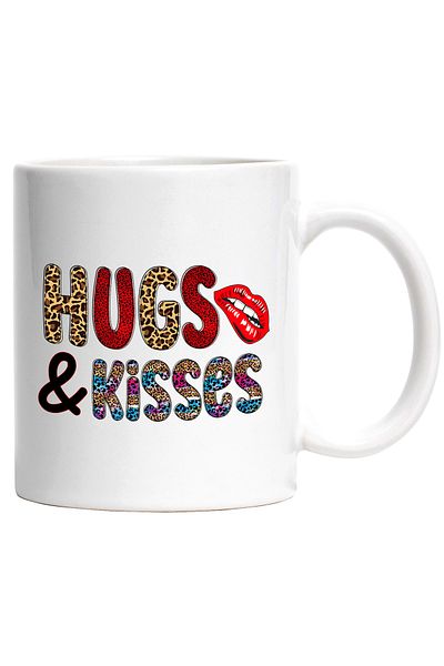 StoryGift Romania Mug with the message "Hugs & Kisses", red lips, letters of various colors, Valentine, With White Handle