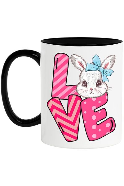 StoryGift Romania Cana cu mesajul "Love", Paste fericit, ilustratie, sarbatori pascale, iepuras, f, Cu Maner Negru